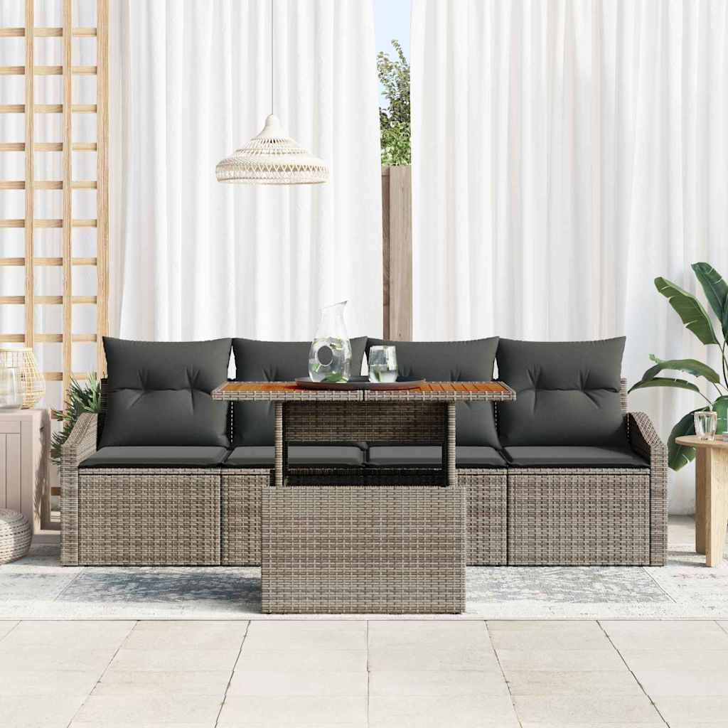 vidaXL 5-delige tuinset met kussens - Grijs poly riet & acacia