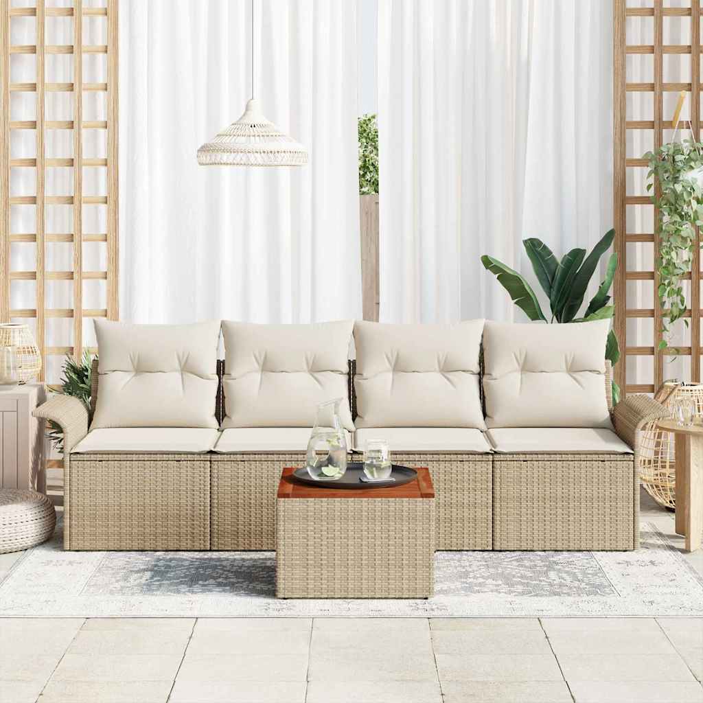 vidaXL 5-delige tuinsofa set met beige kussens van poly riet en acacia