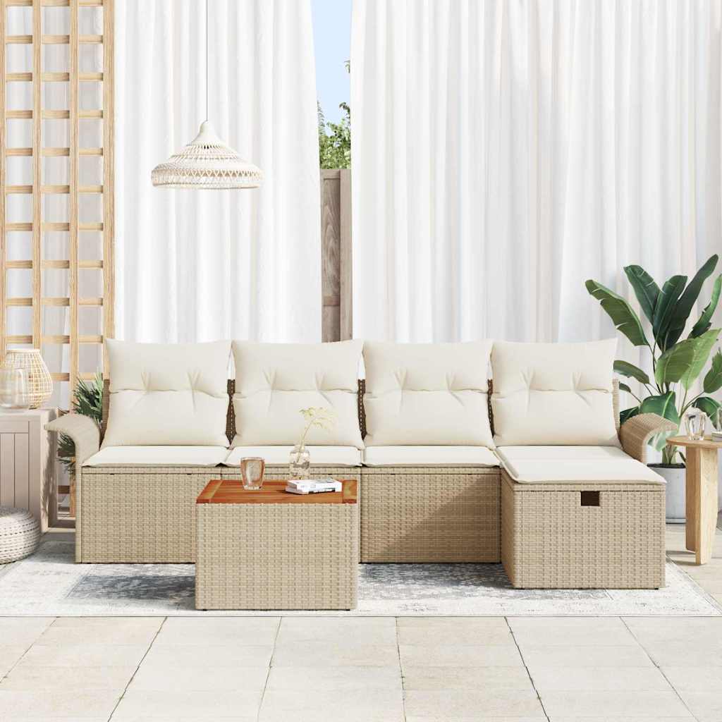 vidaXL 6-delige tuinbankset met kussens in beige poly rattan