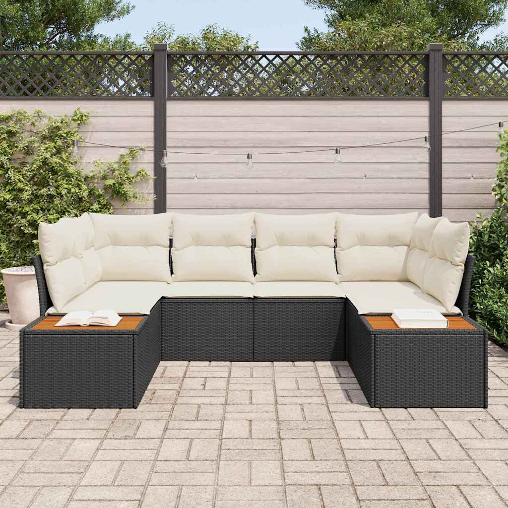 vidaXL 6-delige tuinset met kussens, zwart poly rattan en acacia