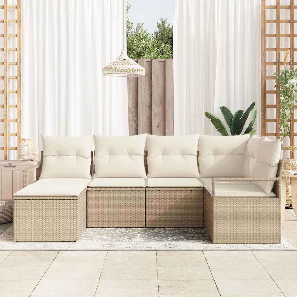 vidaXL 6-delige tuinset met kussens in beige van poly riet