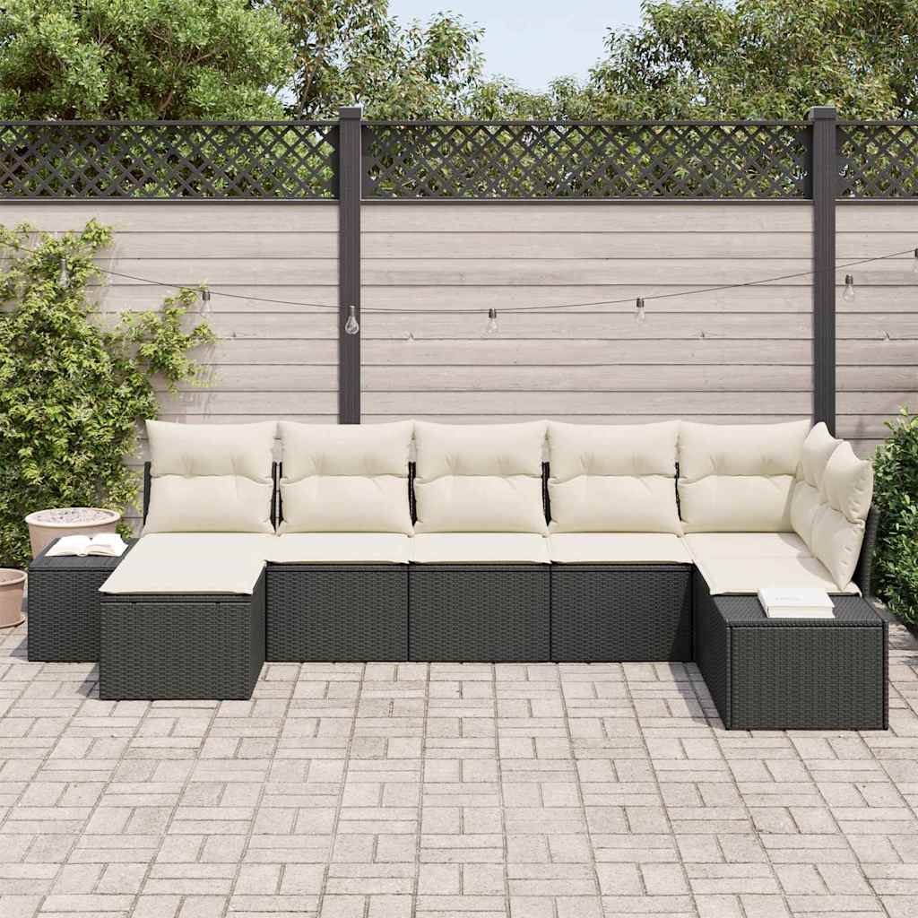 vidaXL 7-delige tuinset met kussens in zwart poly rattan