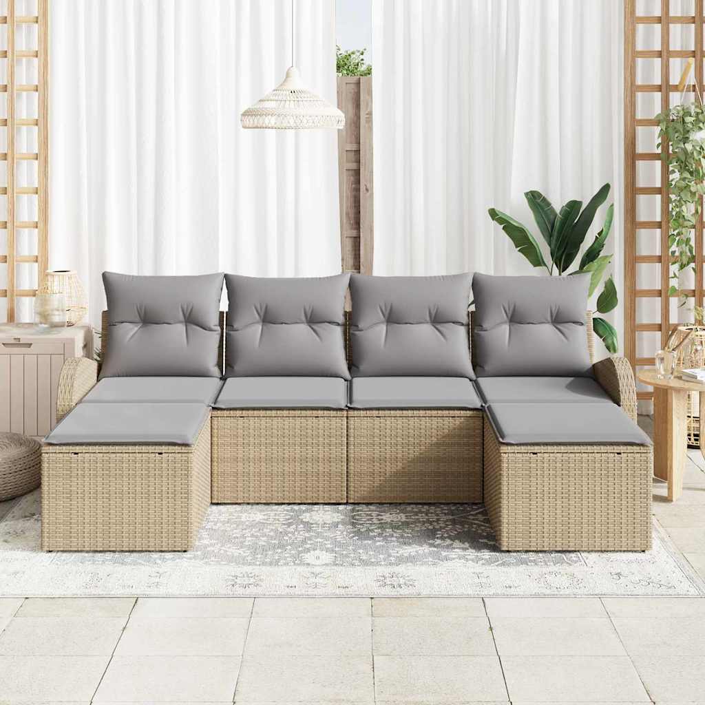 vidaXL 6-delige tuinbankset met kussens in beige van poly rattan