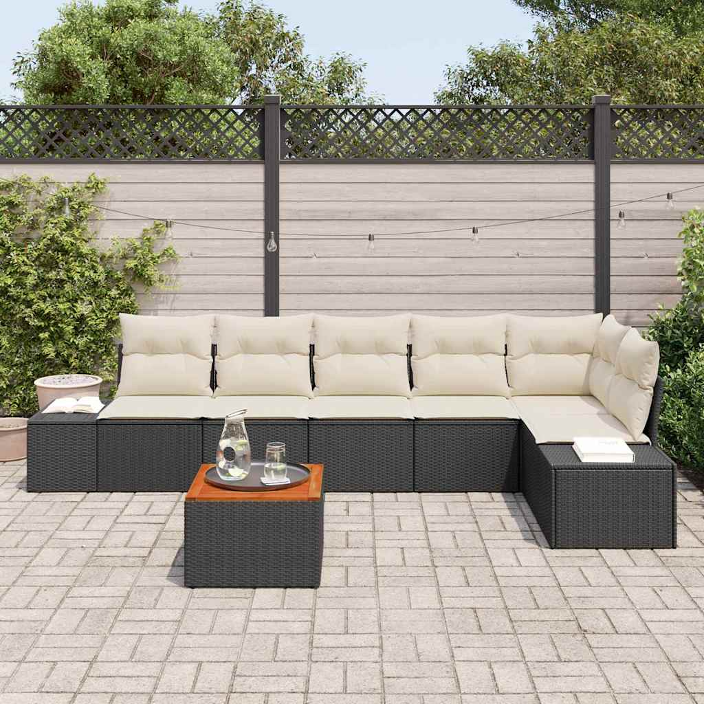 vidaXL 7-delige tuinbank set met kussens in zwart, van poly rattan en acacia