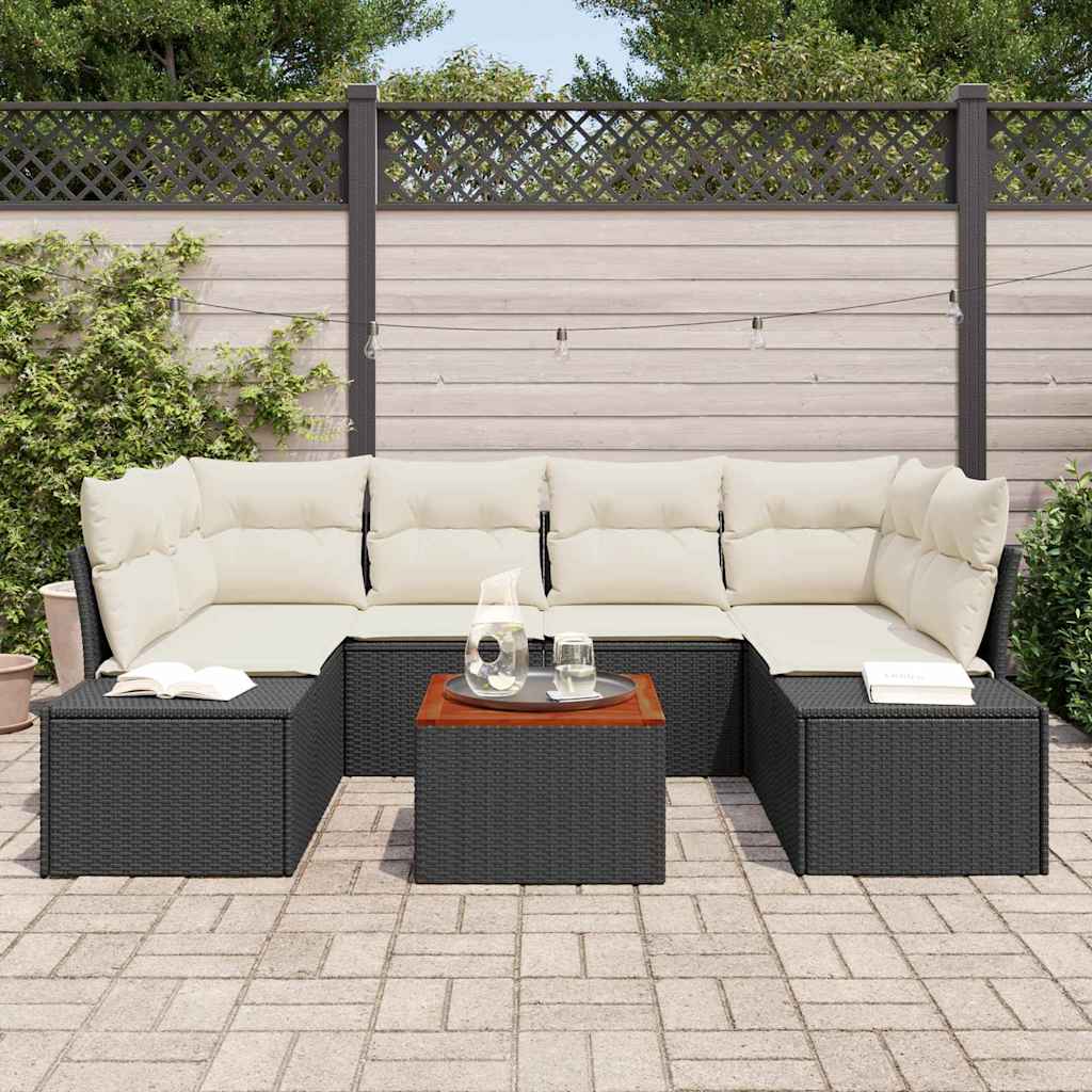 vidaXL 7-delige tuinbankset met kussens in zwart poly rattan en acacia