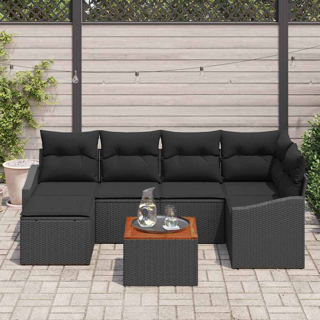 vidaXL 7-delige tuinset met kussens in zwart poly rattan en acacia