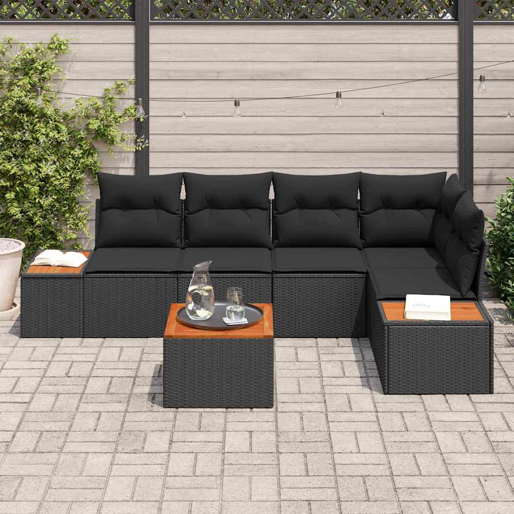 vidaXL 6-delige tuinbankset met kussens in zwart, poly rattan en acacia