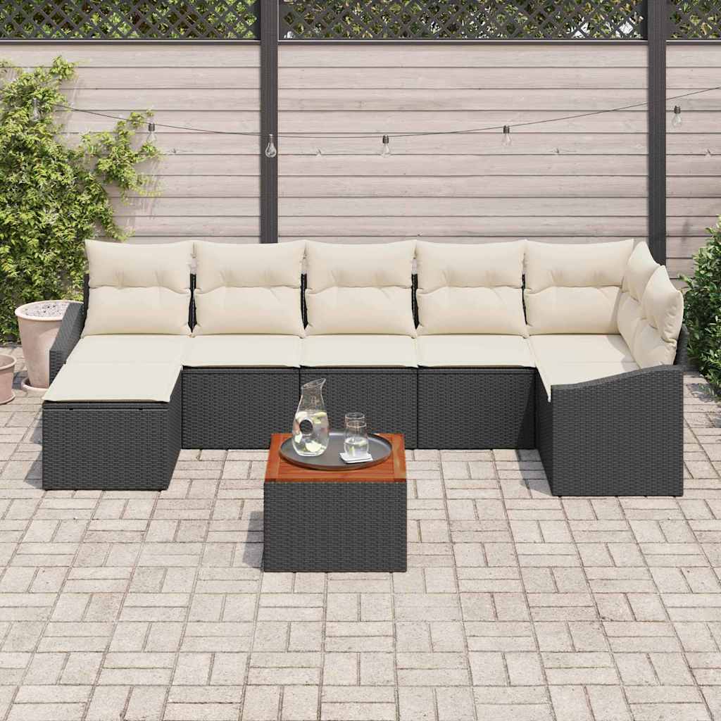 vidaXL 8-delige tuinset met kussens in zwart poly rattan en acacia
