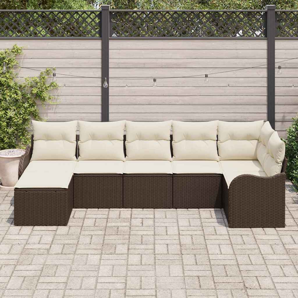 vidaXL 7-delige tuinset met kussens in bruin poly rattan