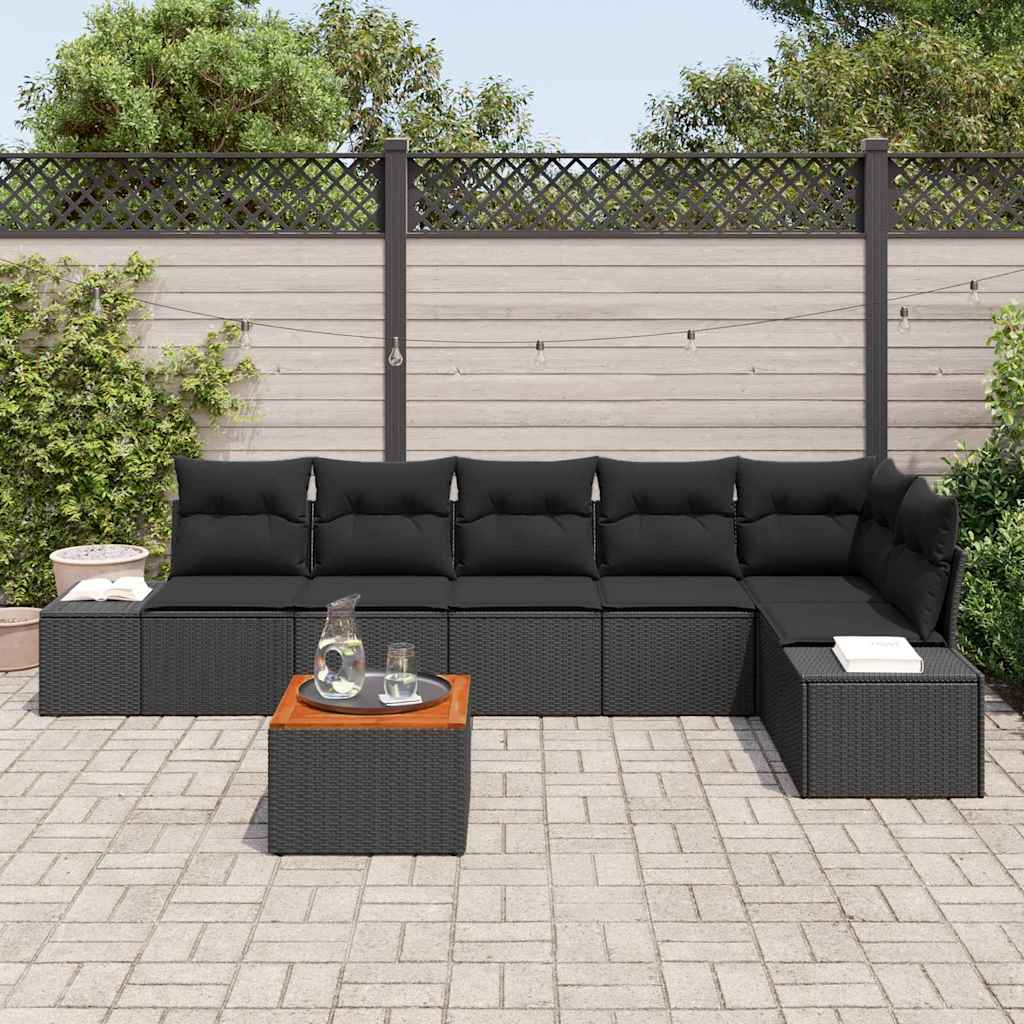vidaXL 7-delige tuinset met zwarte kussen van poly rattan en acacia
