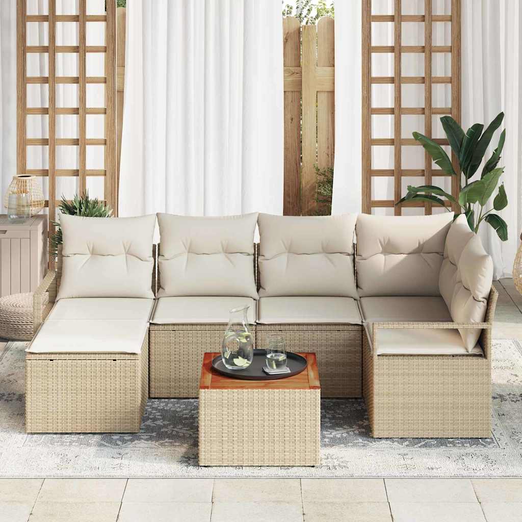 vidaXL 7-Persoons Tuin Sofa Set met Kussens in Beige van Poly Rattan en Acacia