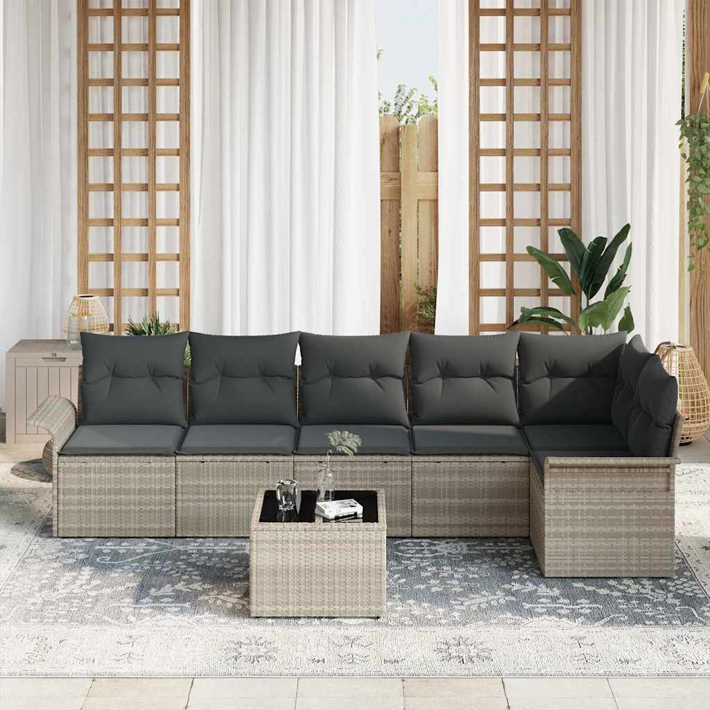 vidaXL 7-delige tuinbankset met kussens - grijs poly rattan