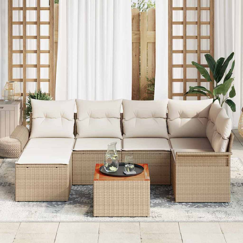 vidaXL 7-delige tuinset met kussens in beige van poly riet en acacia
