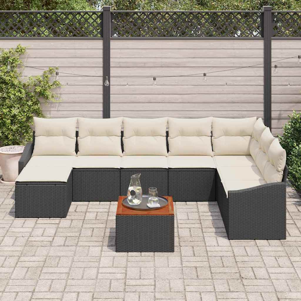 vidaXL 9-delige tuinsofa set met kussens van zwart poly rattan en acacia