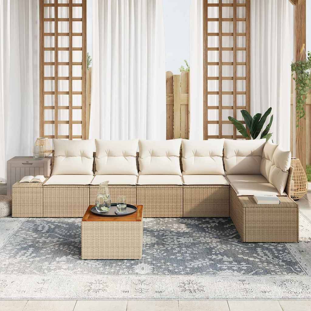vidaXL 7-delige tuinsofa set met beige kussens van poly rattan en acacia.