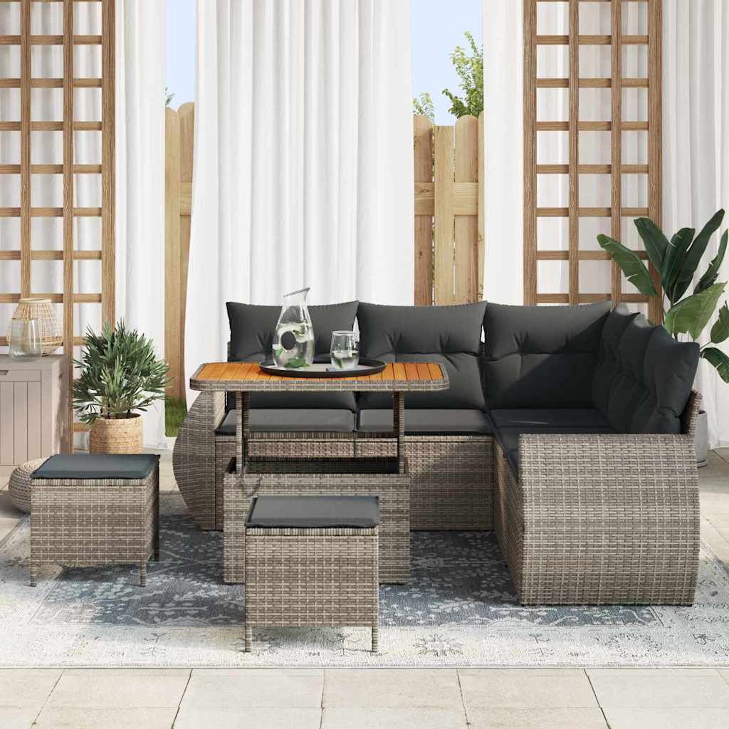 vidaXL 8-delige Tuinset met Kussens in Grijs Poly Rattan en Acacia