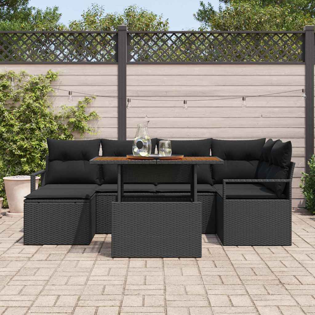 vidaXL 7-delige tuinset met kussens zwart poly rattan