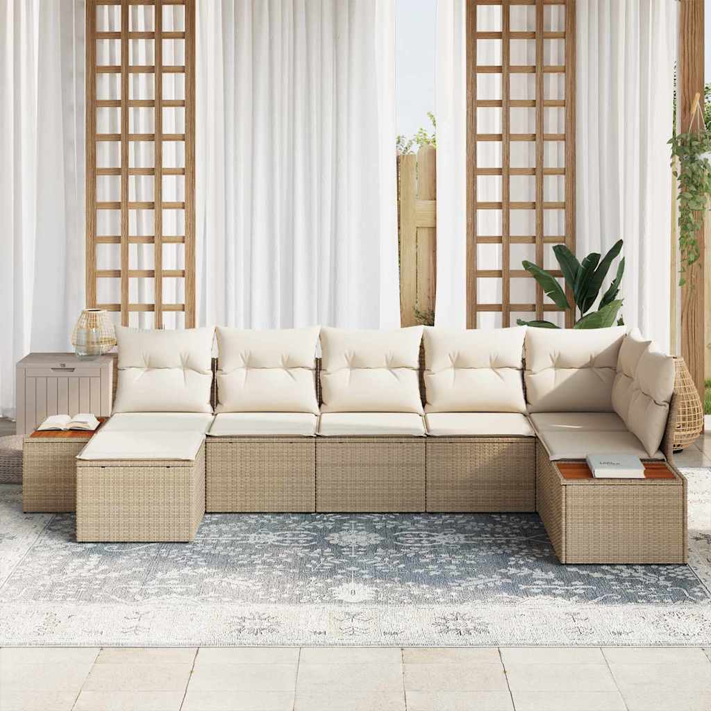vidaXL 7-delige tuinsofa set met kussens van beige poly rattan en acacia