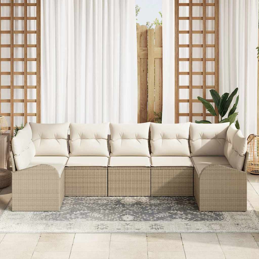 vidaXL 7 Delen Tuinset met Kussens Beige Poly Rattan