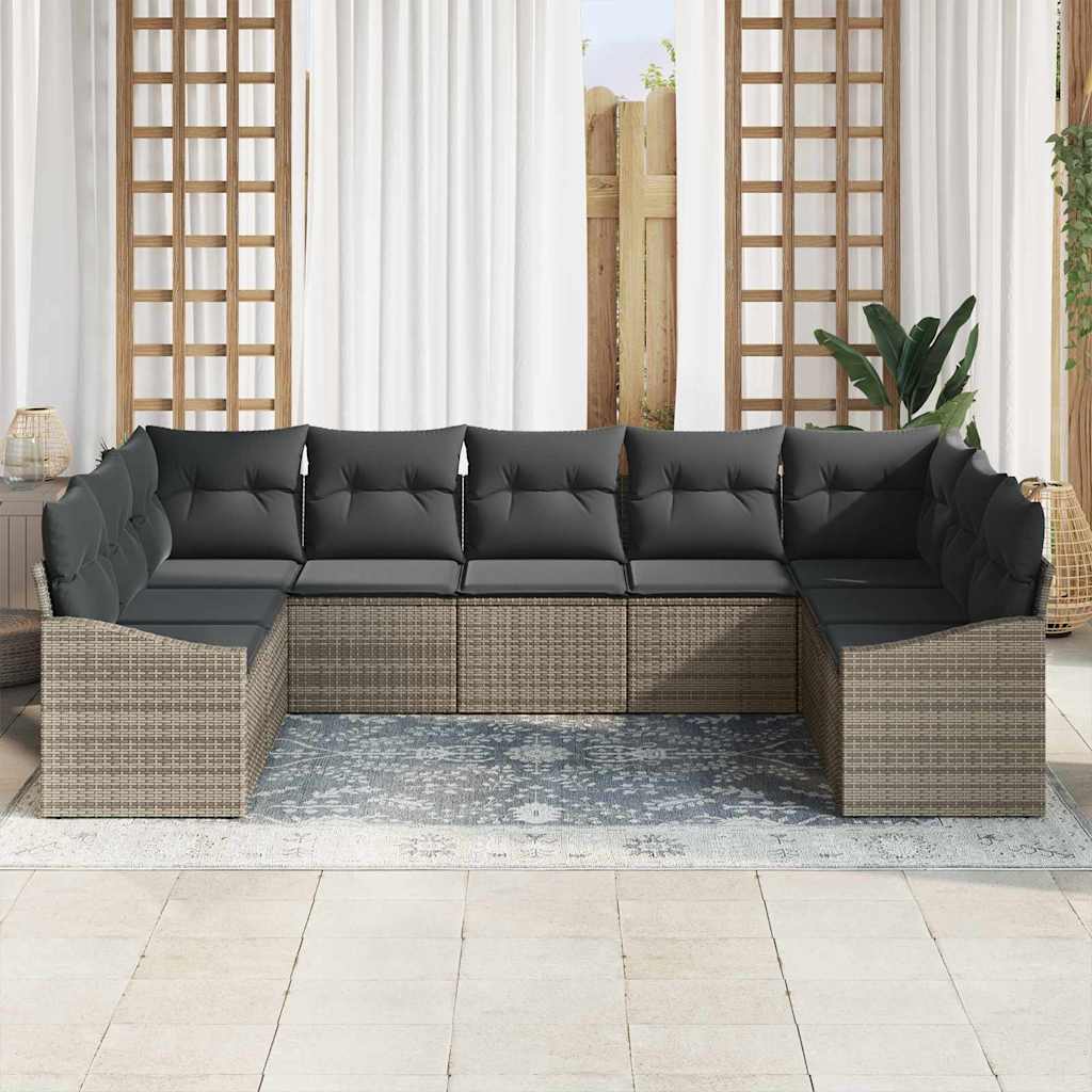 vidaXL 9-delige tuinset met kussens in grijs poly rattan