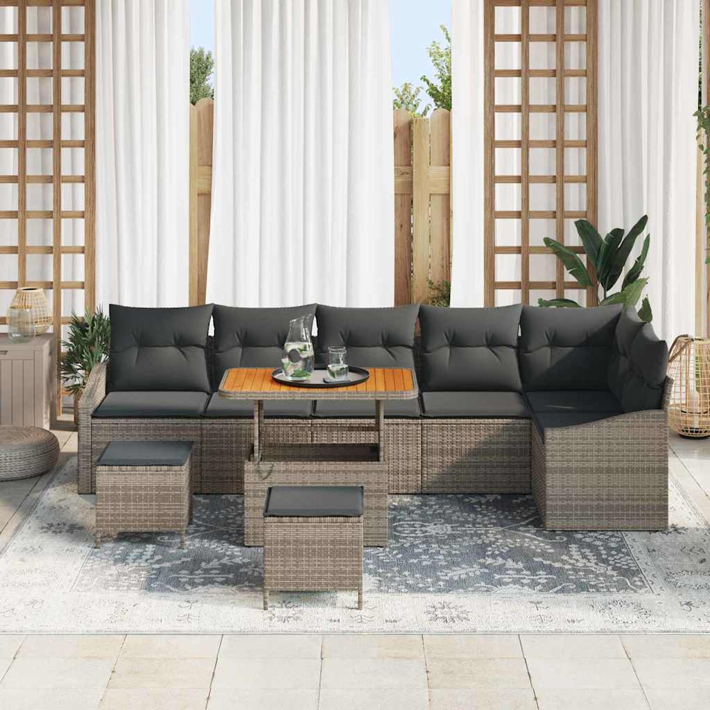 vidaXL 9-delige tuinset met kussens in grijs poly rattan