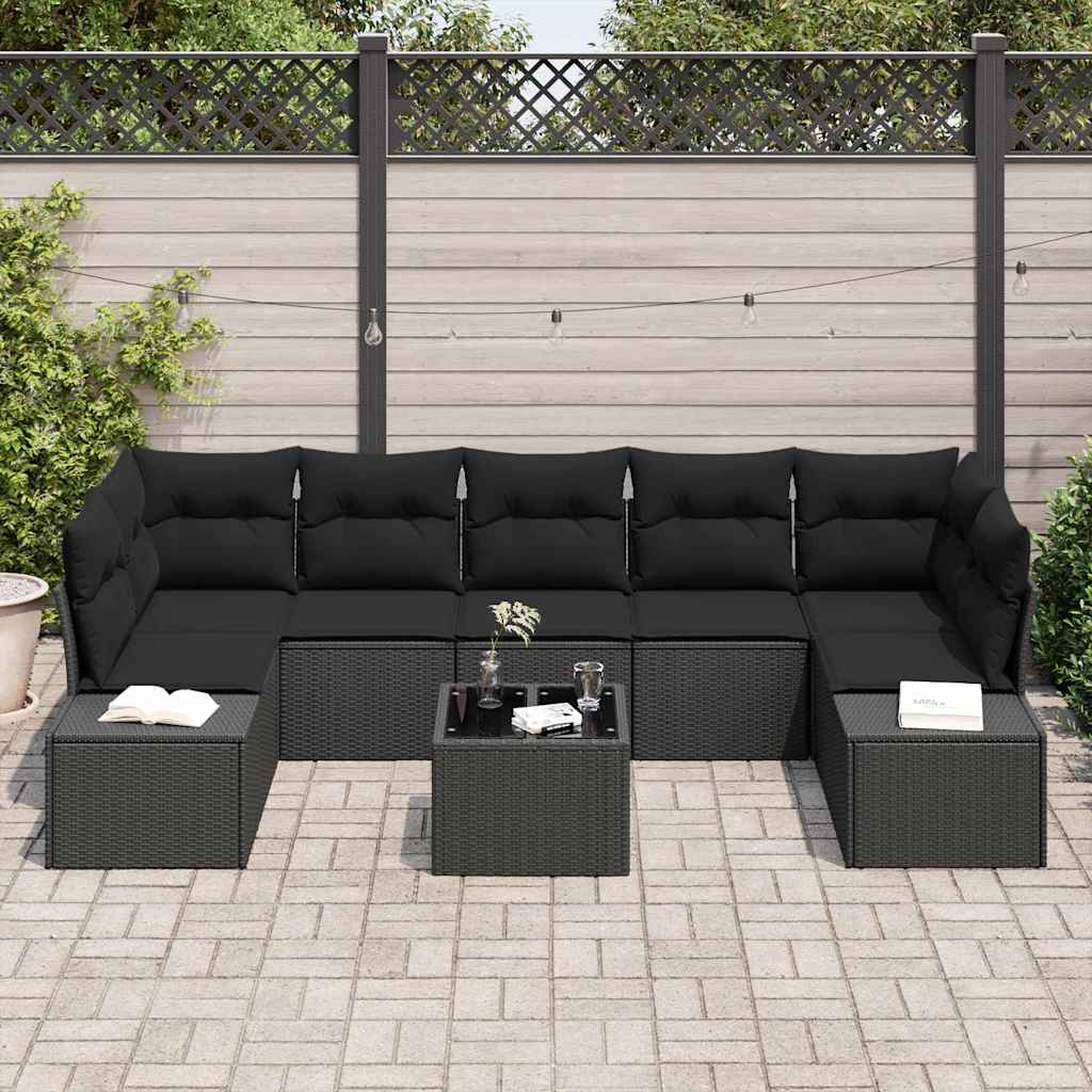 vidaXL 8-delige tuinbankset zwart poly rattan met kussens