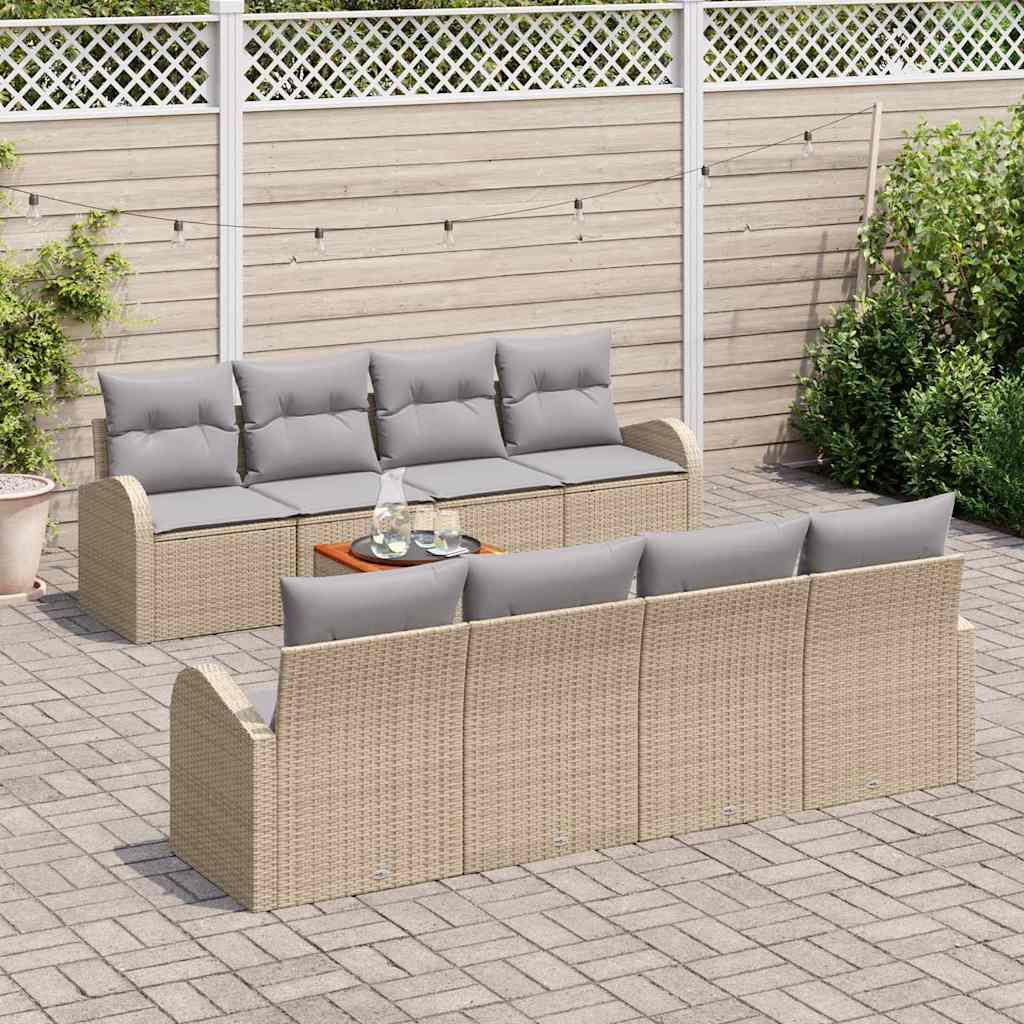 vidaXL 9-delig tuinset met kussens in beige poly riet en acacia