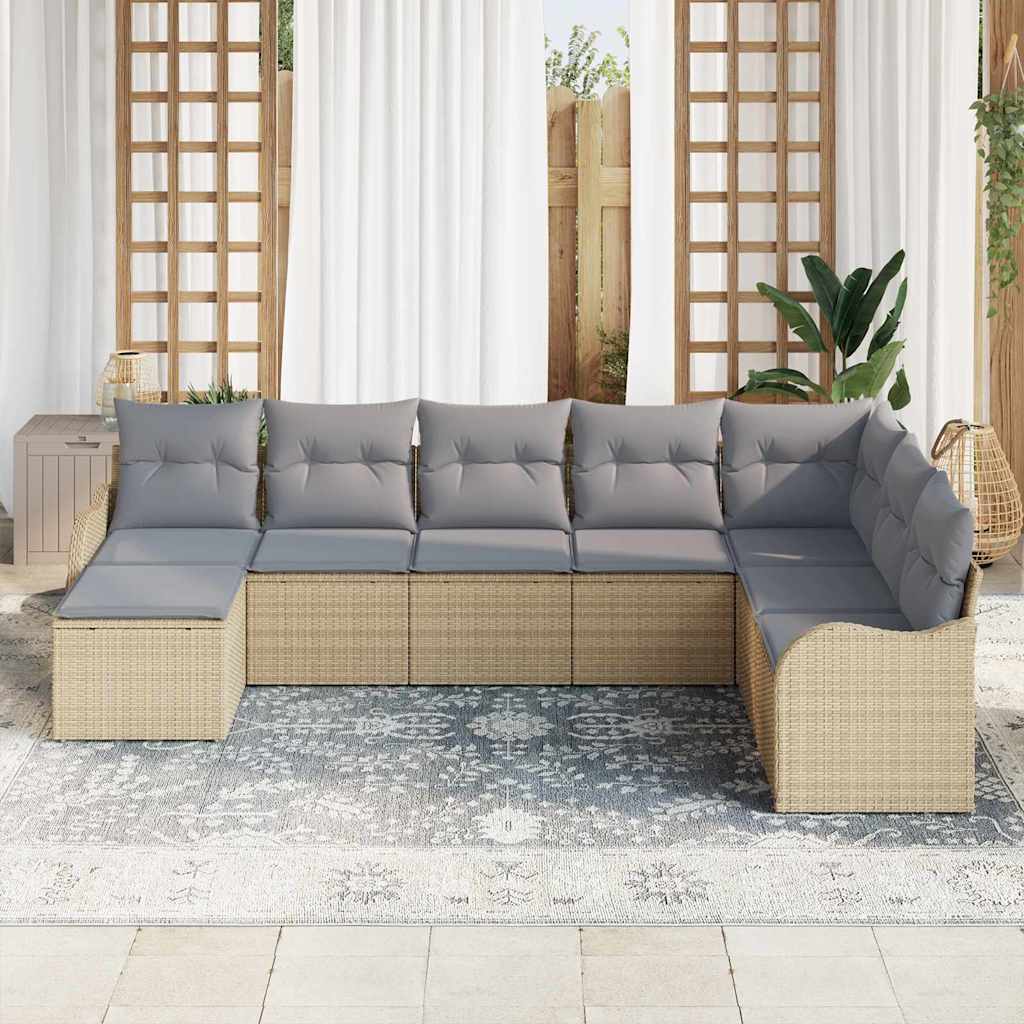 vidaXL 8-delige tuinbankset met kussens in het beige van poly rattan.