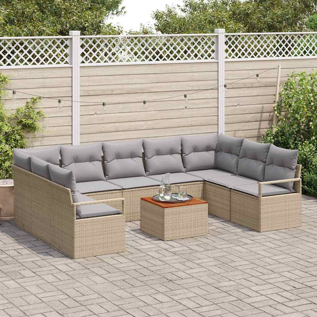 vidaXL 10-delige tuinsofa set met beige kussens van poly rattan en acacia