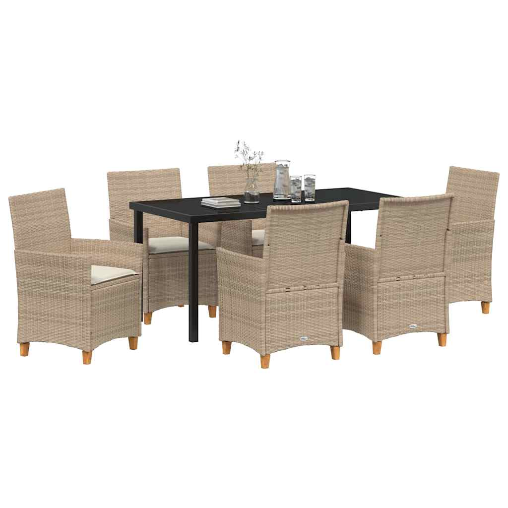 vidaXL 7-delige tuin eetset met kussens - Beige poly rattan.
