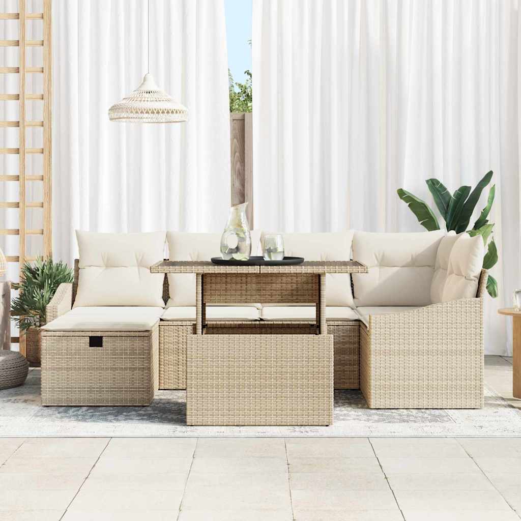 vidaXL 7-delige tuinbankset met kussens in beige poly rattan