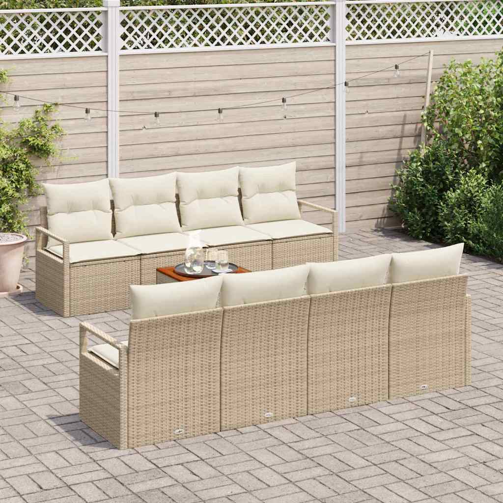 vidaXL 9-delige tuinbankset met kussens in beige van poly rattan en acacia