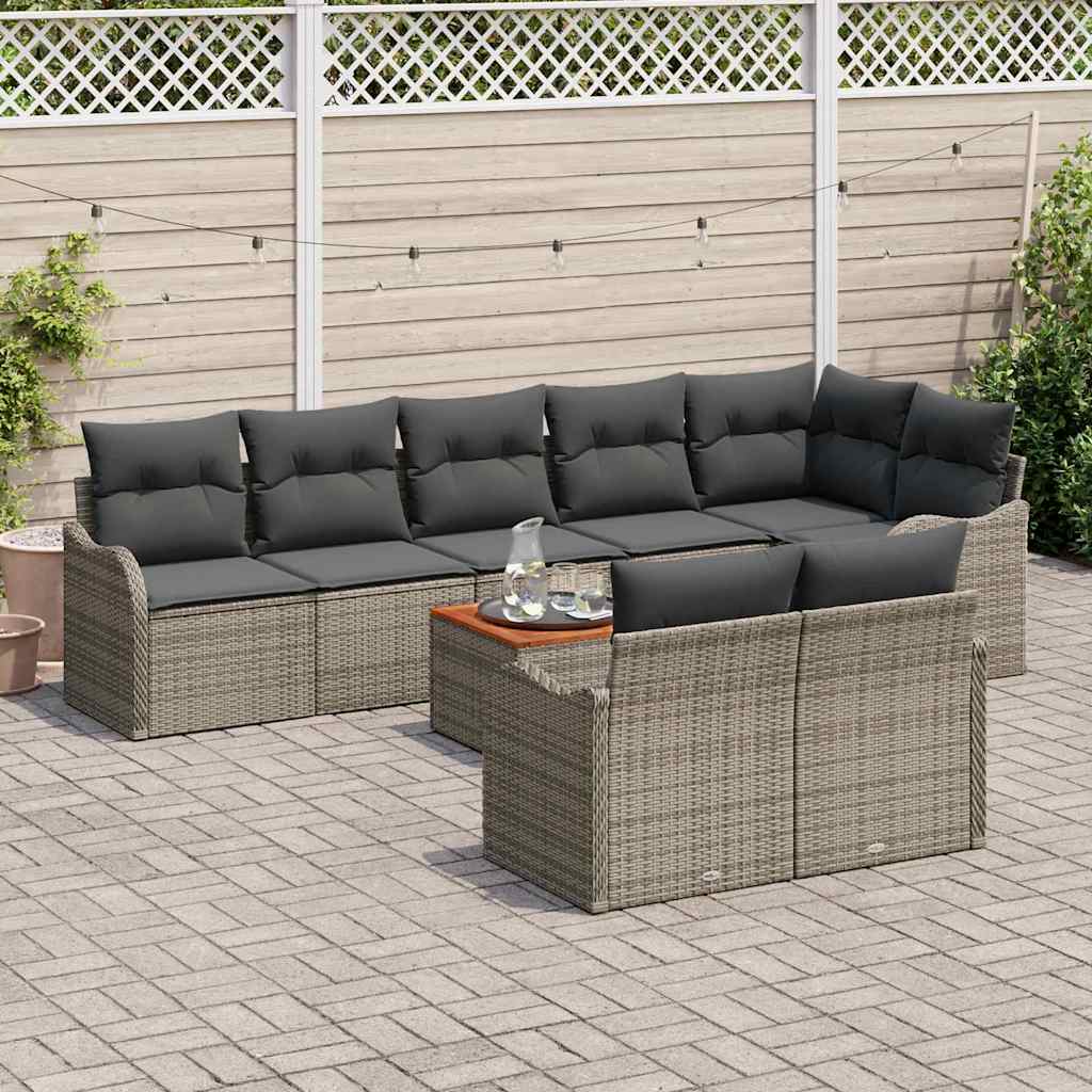 vidaXL 9-delige tuinset met kussens grijs poly riet en acacia