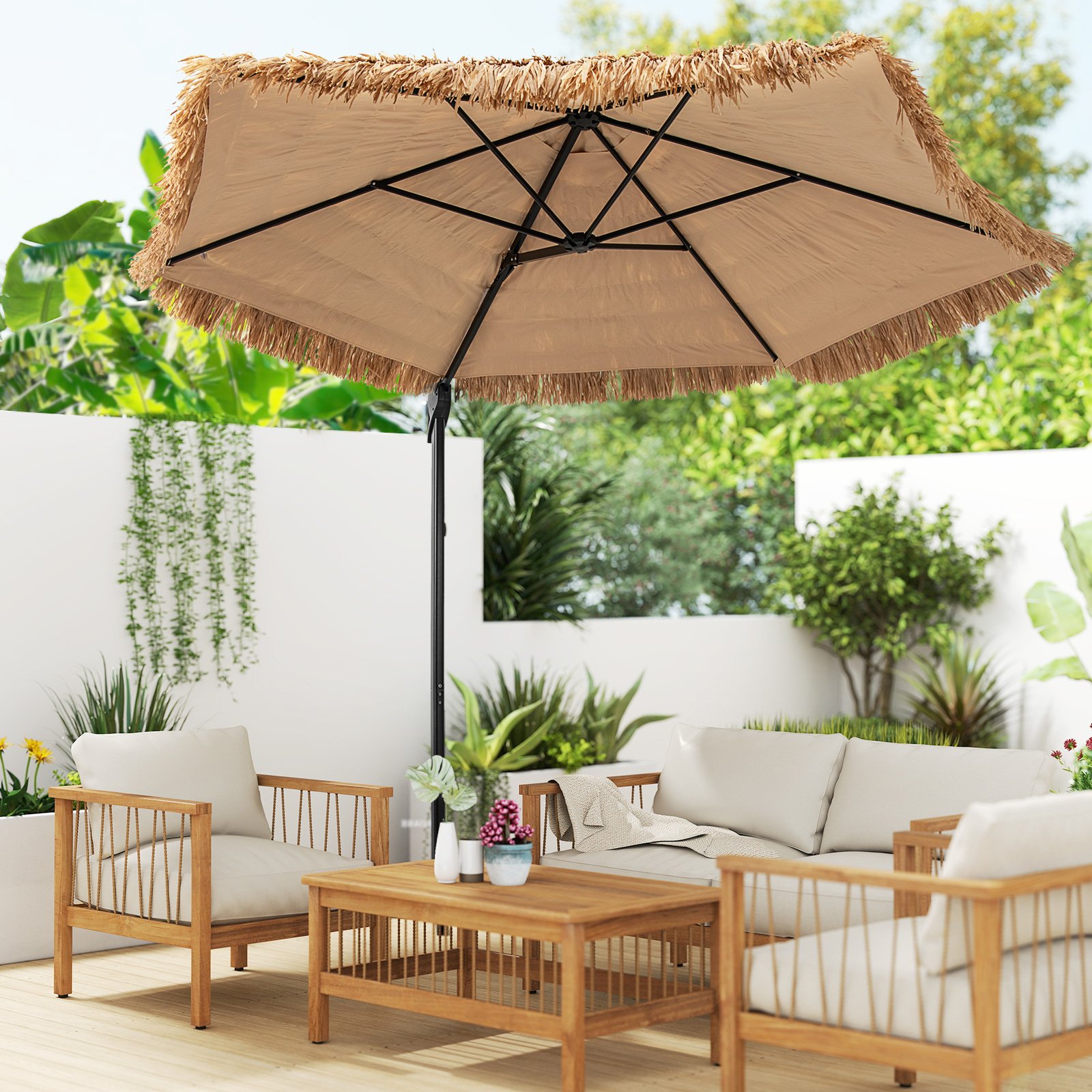 Costway 283 cm Cantilever Hula Tiki Rieten Patio Parasol in Hawaiiaanse stijl met Geventileerde top Zonbeschermingsdak Natuur