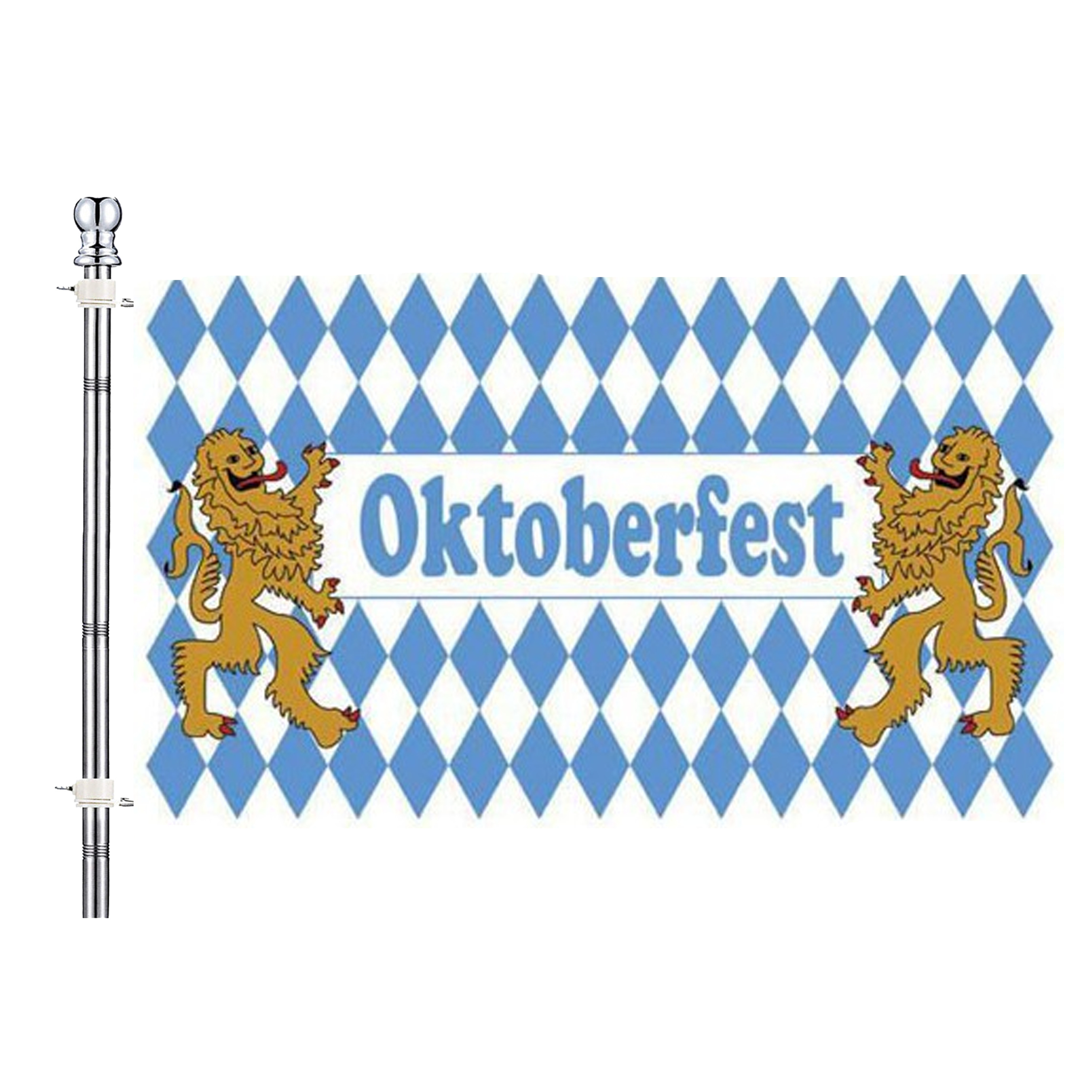Merkloos Oktoberfest vlag met vlaggenstok set - blauw/wit - 90 x 150 cm - Bayern -