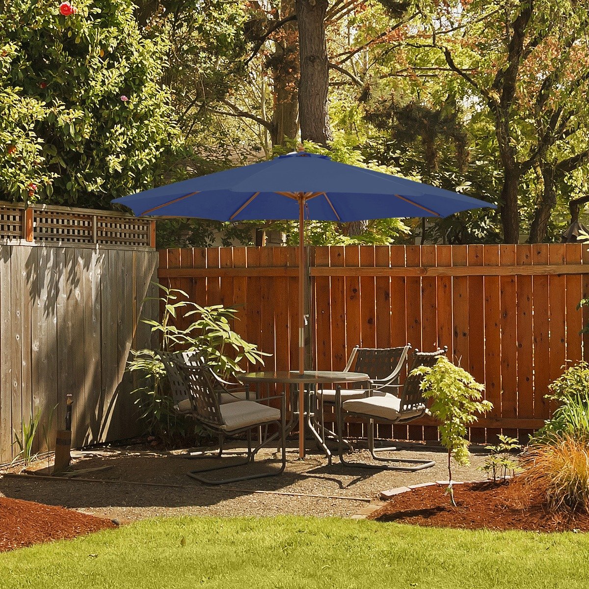 Costway 300 cm Grote Parasol van Hout Tafelparasol met 8 Bamboostokken 300 x 300 x 262 cm Blauw
