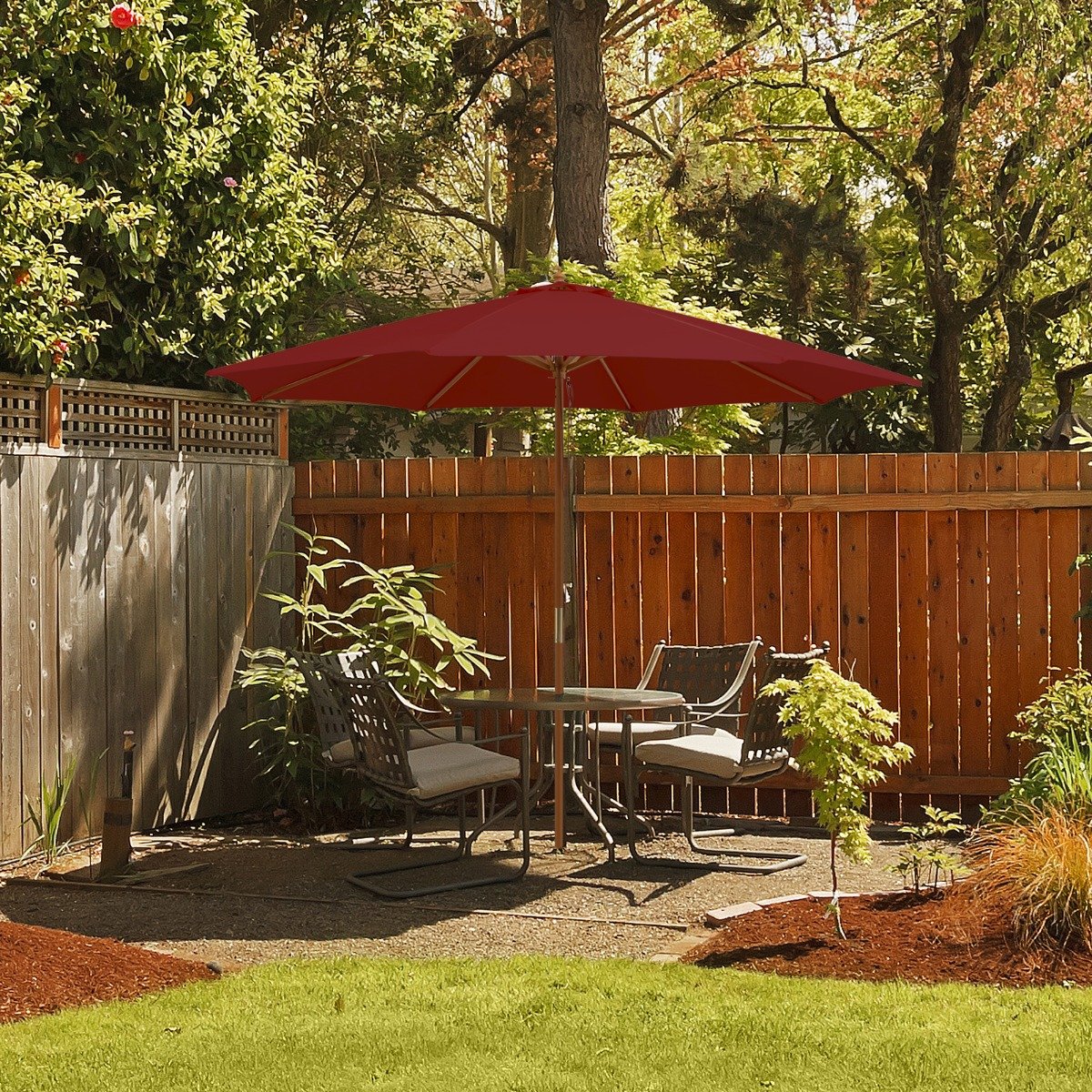 Costway 300 cm Grote Houten Parasol Tafelparasol met 8 Bamboostokken 300 x 300 x 262 cm Wijnrood