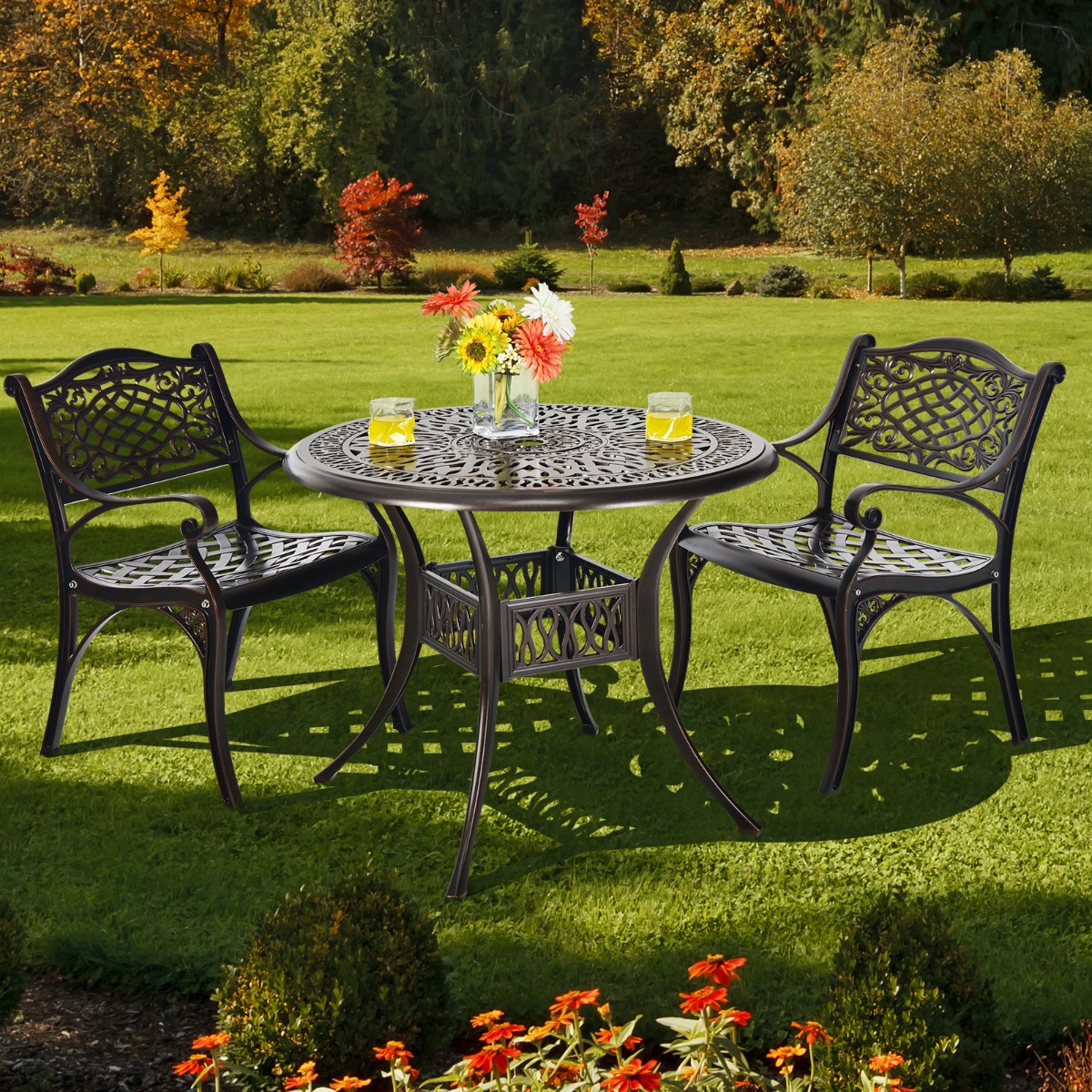 Costway Tuin Tafel met Parasol Gat Ø 90 cm Ronde Balkon Tafel van Aluminiumgietwerk Weerbestendige Terras Tafel voor Tuin 90 x 90 x 72 cm
