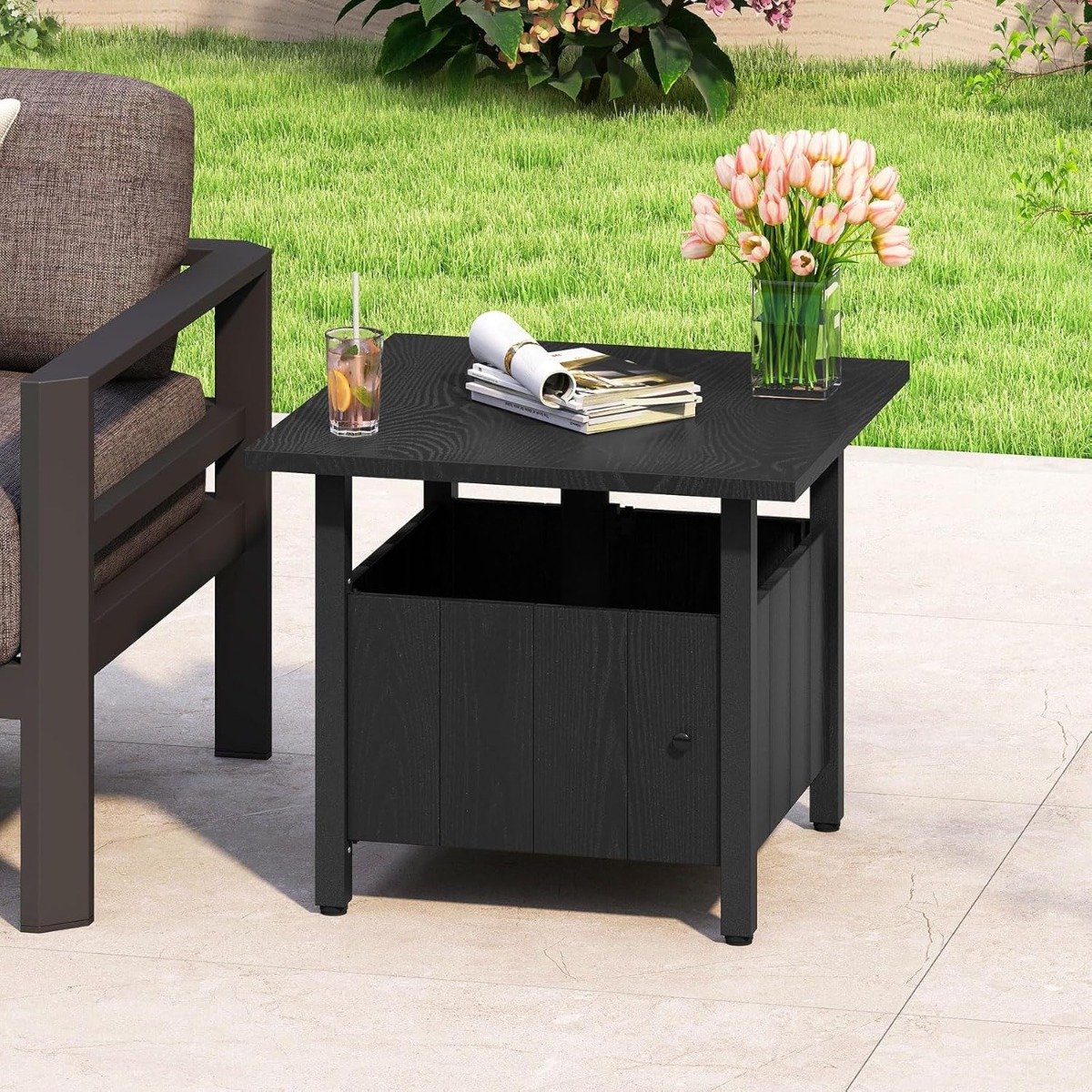 Costway Buiten Bijzettafel met Ø48 cm Parasolgat Tuintafel met 2 Zandzakken Balkontafel