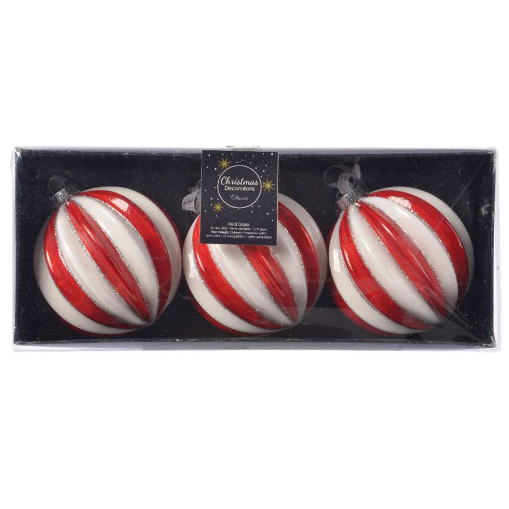 Decoris Luxe kerstballen - 3x - rood/wit gestreept - D8 cm - glas -