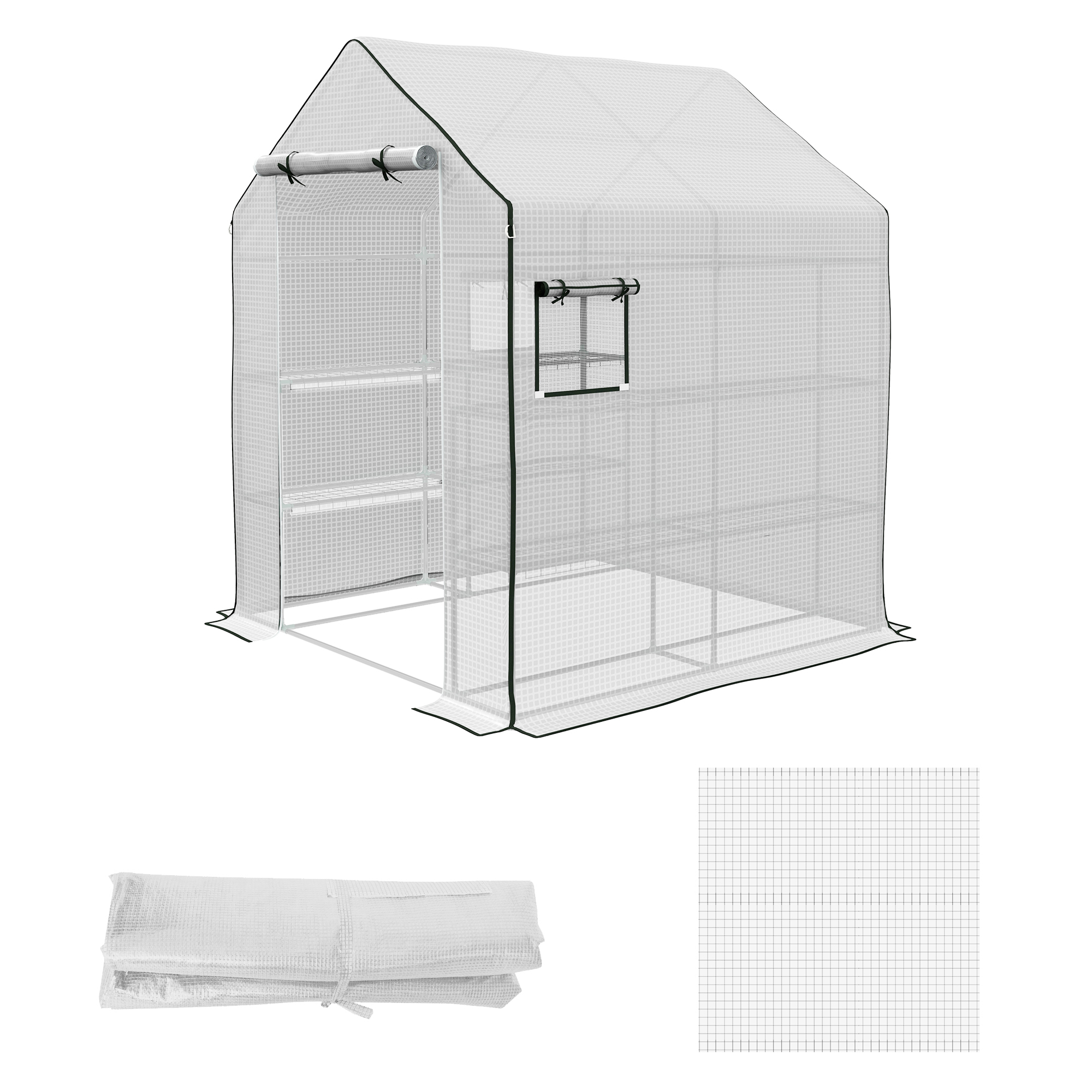 Outsunny Kasfolie, vervangzeil, waterdicht, oprolbare vensters & deur, 140 x 143 x 190 cm, Wit