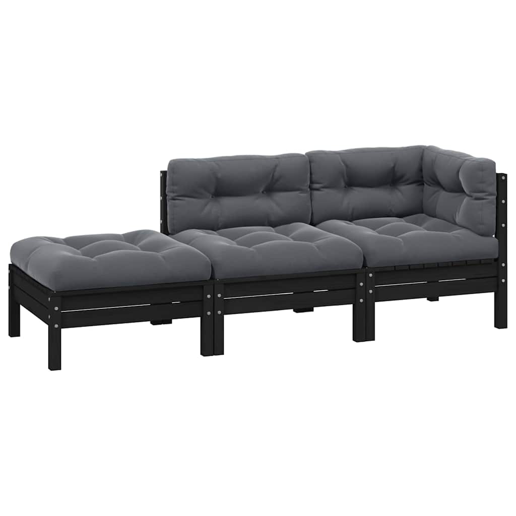 vidaXL 3-delige Loungeset met kussens massief grenenhout zwart