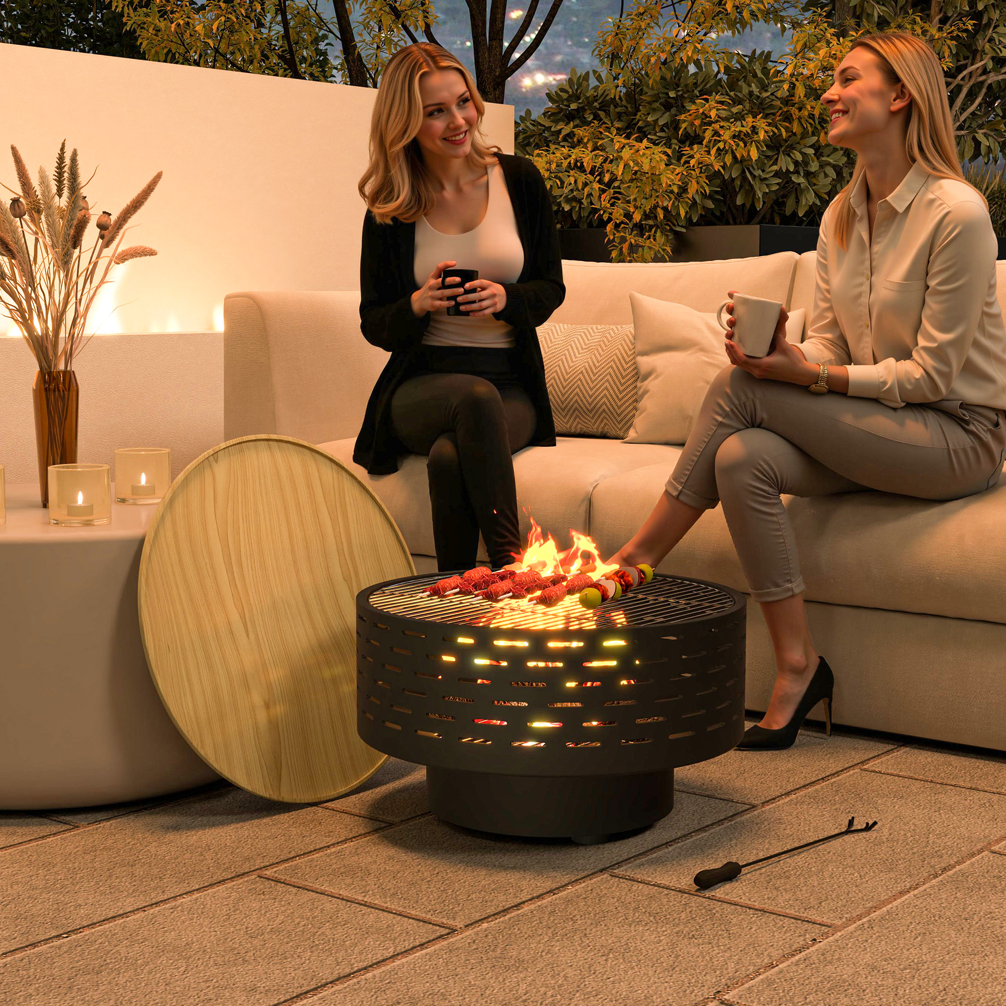 Outsunny Vuurschaal, Ø60 x 39cm, 3-in-1Combineert een vuurschaal, grill en tafel, met Vuurhaak, Stahl, Steenkoolgrijs | Aosom.nl