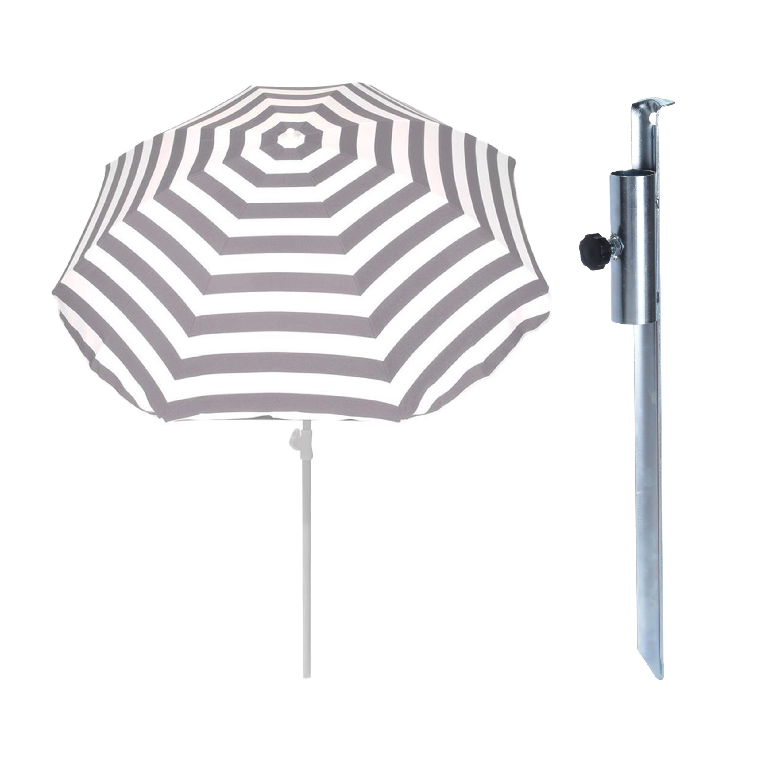 Merkloos Parasol met metalen grondharing - grijs/wit gestreept - polyester - Dia 180 cm - verstelbaar -