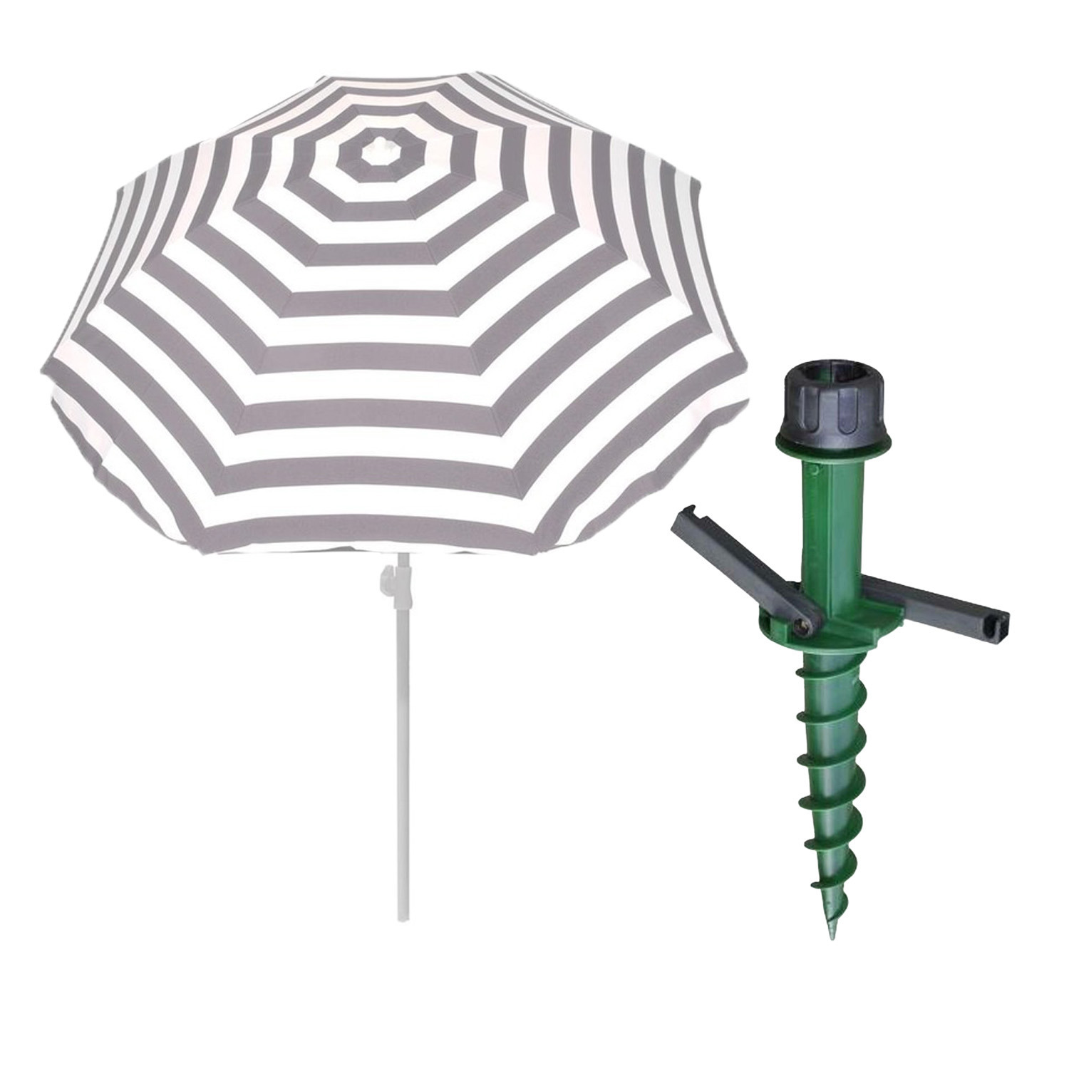 Merkloos Parasol met dikke grondharing - grijs/wit gestreept - polyester - Dia 180 cm - voor het strand -