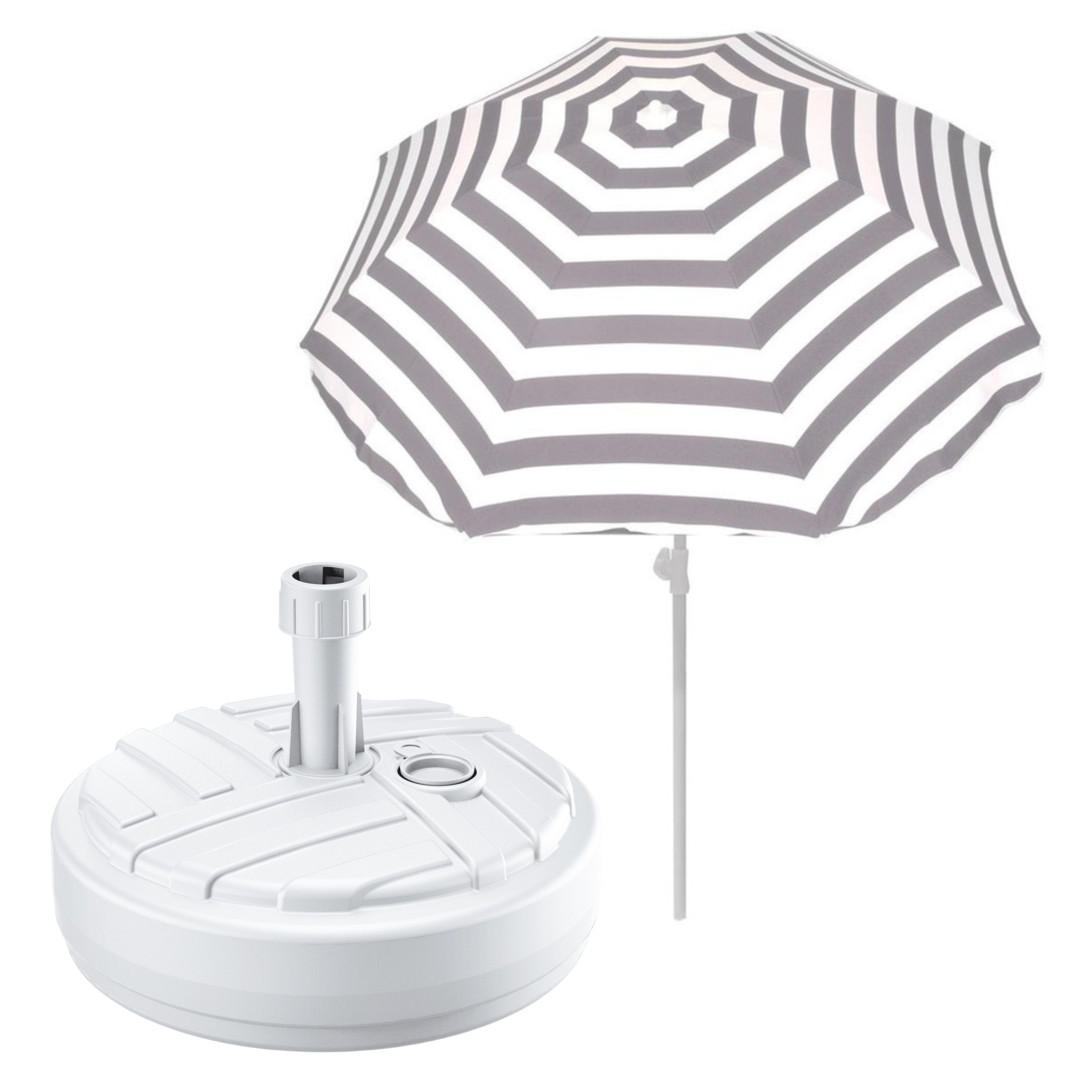 Merkloos Tuin parasol met voet van 10 liter - grijs/wit strepen - polyester/kunststof - Dia 180 cm -