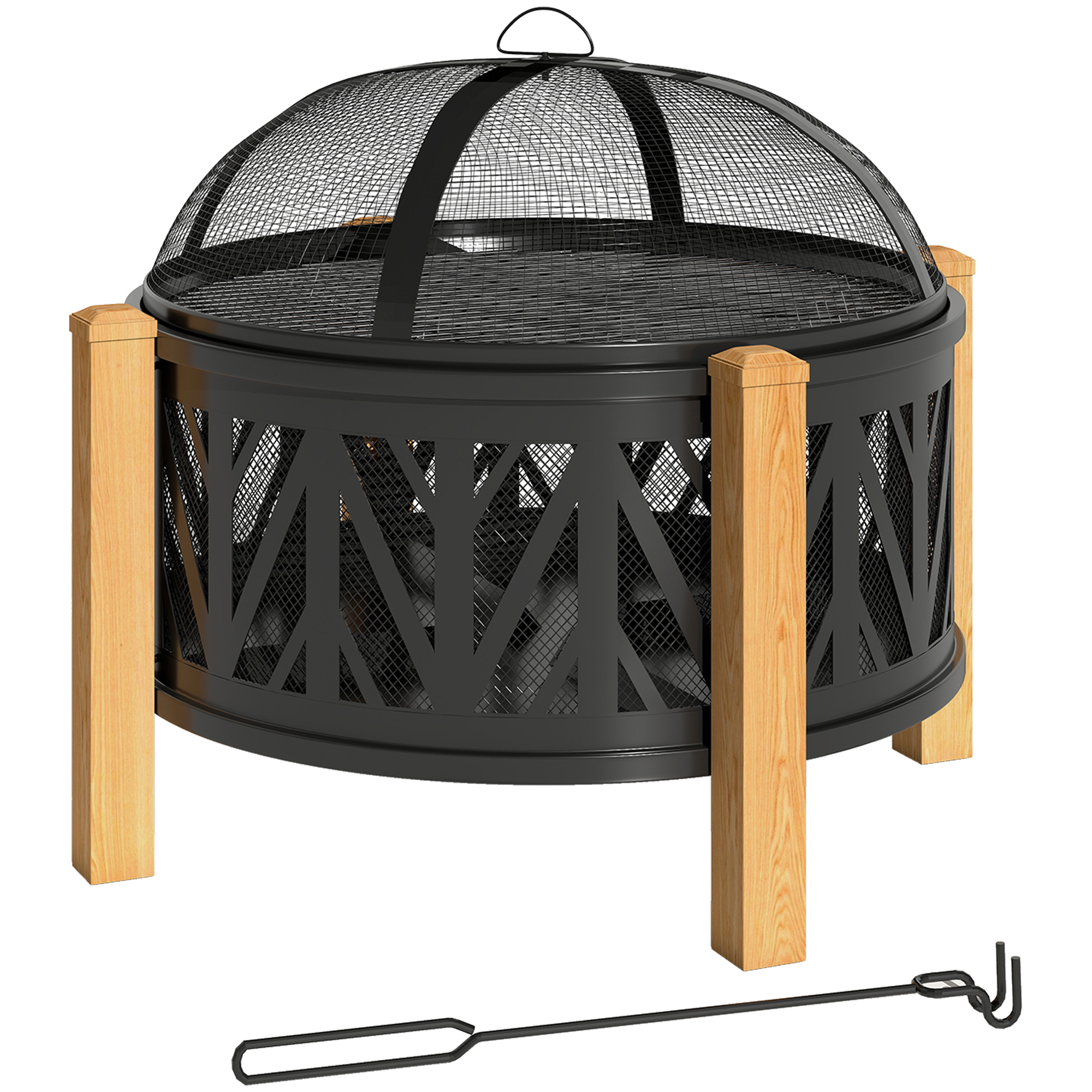 Outsunny 2-in-1 Vuurschaal Ø75 x 58 cm Vuurhaard met Vonkbescherming Vuurhaak Grillrooster Zwart