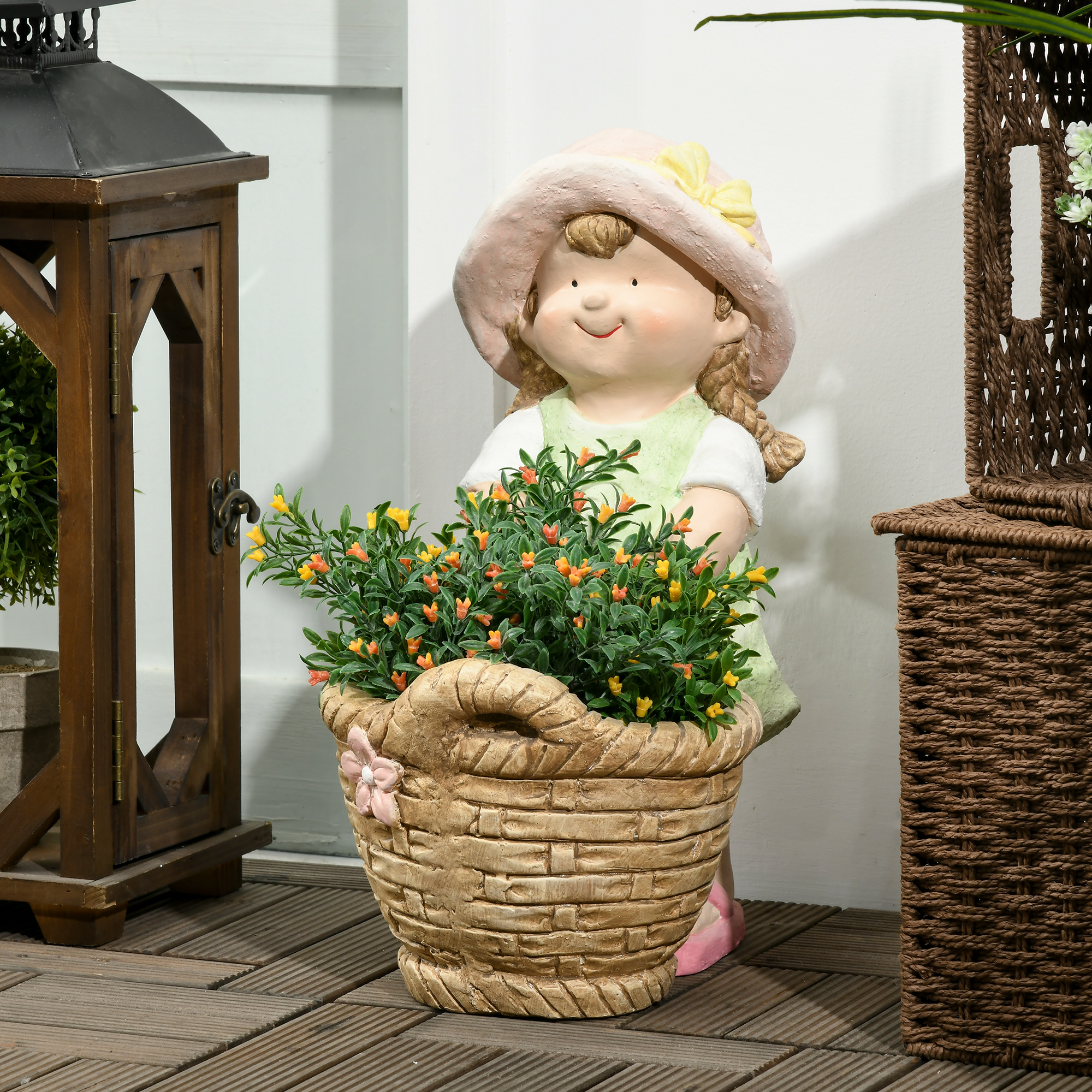 Outsunny tuinbeeldje, weerbestendig, schattig meisje met bloempot, perfect voor buiten, 30 x 15 x 10 cm, kleurrijk | Aosom.nl