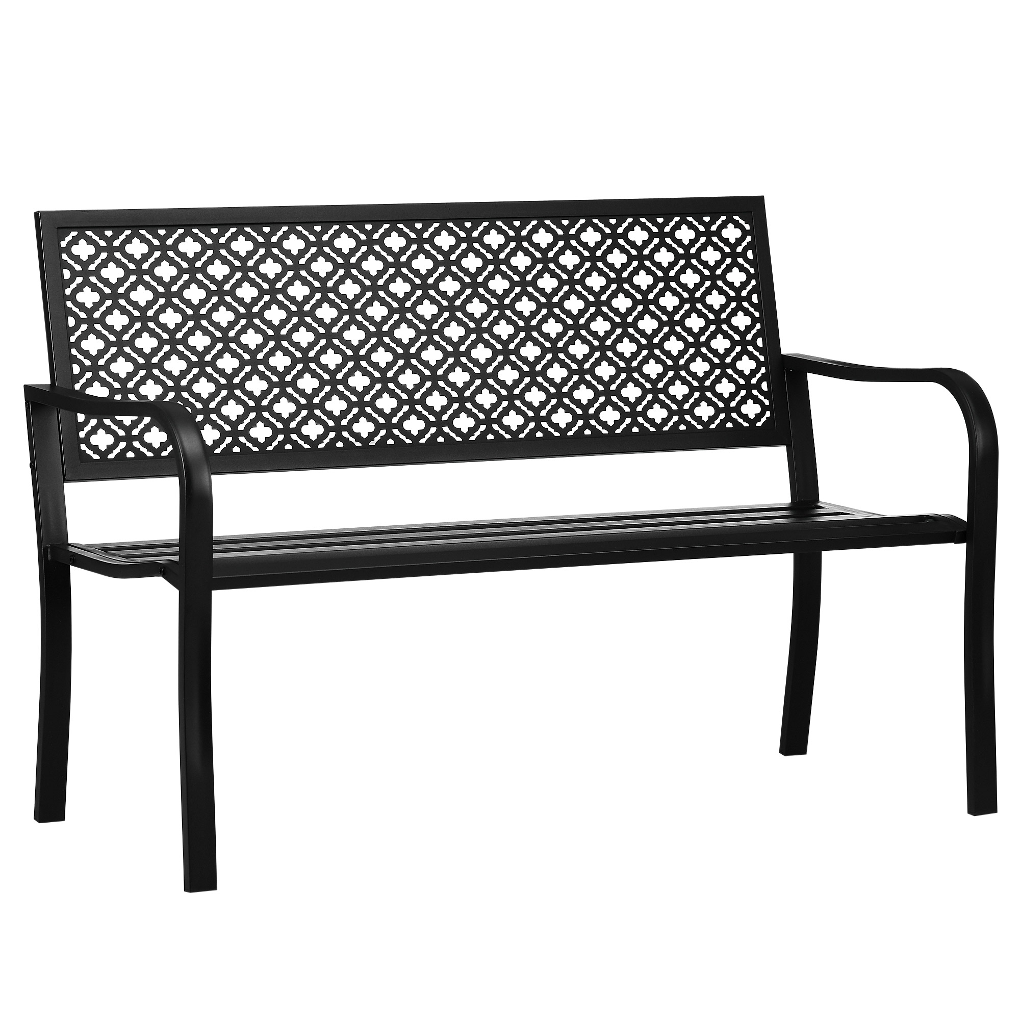 Outsunny metalen tuinbank, 2-zits, weerbestendig, elegant bloemenpatroon, stevig ontwerp, 127 x 63 x 83 cm, zwart | Aosom.nl