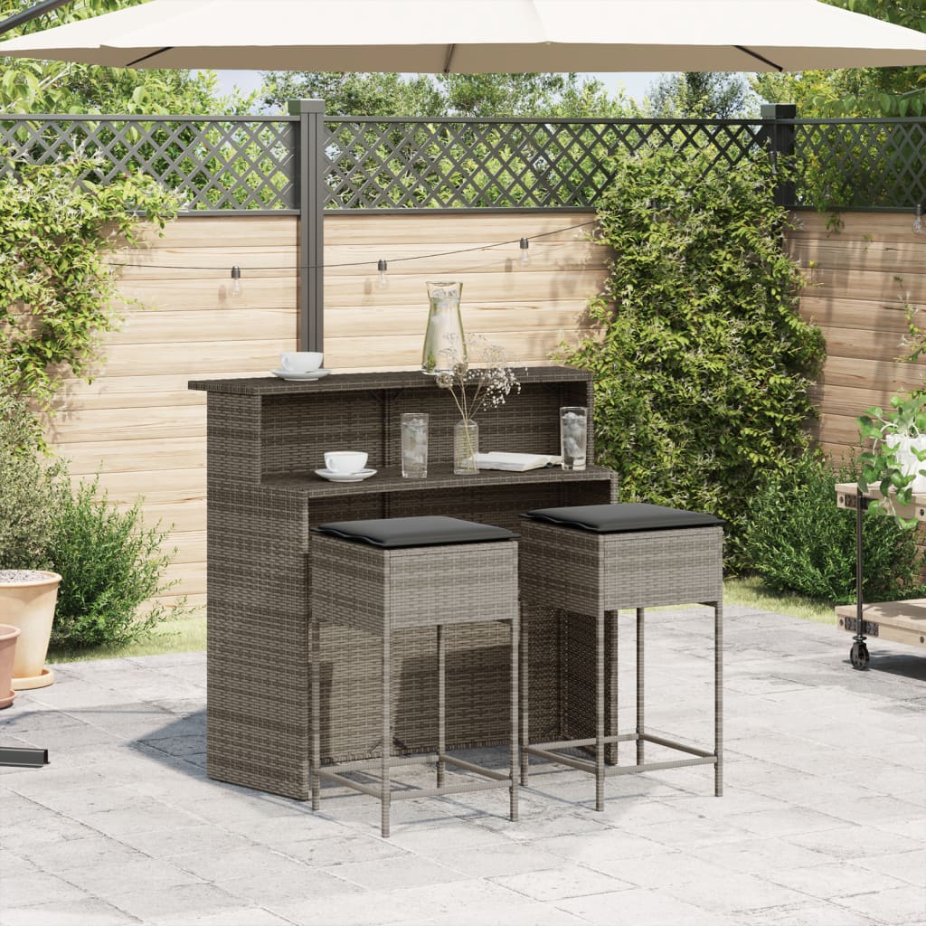 vidaXL 3-delige Tuinbarset met kussens poly rattan grijs